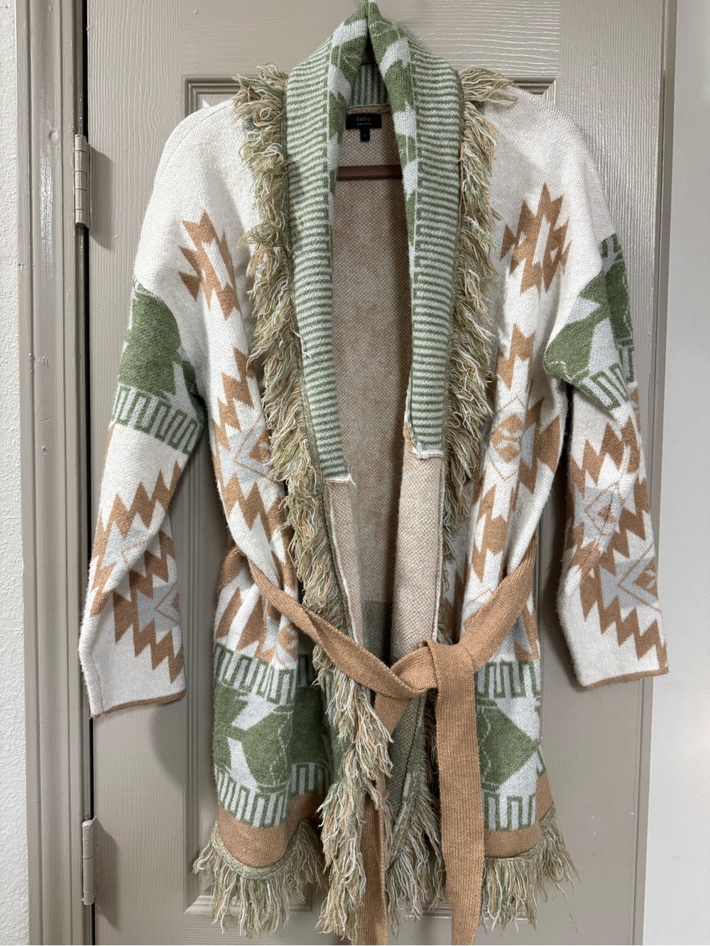 debut Olive White Tan Fringe Belted Aztec Cardigan